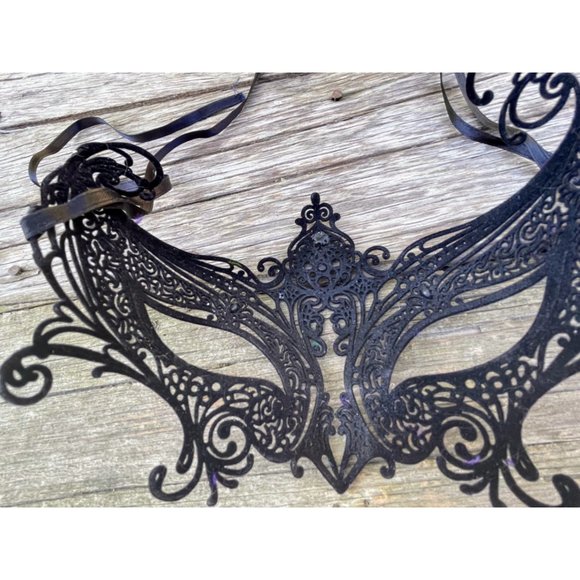 Vintage Metal Velvet Flocked Rhinestone Black Masquerade Mask - Picture 2 of 9
